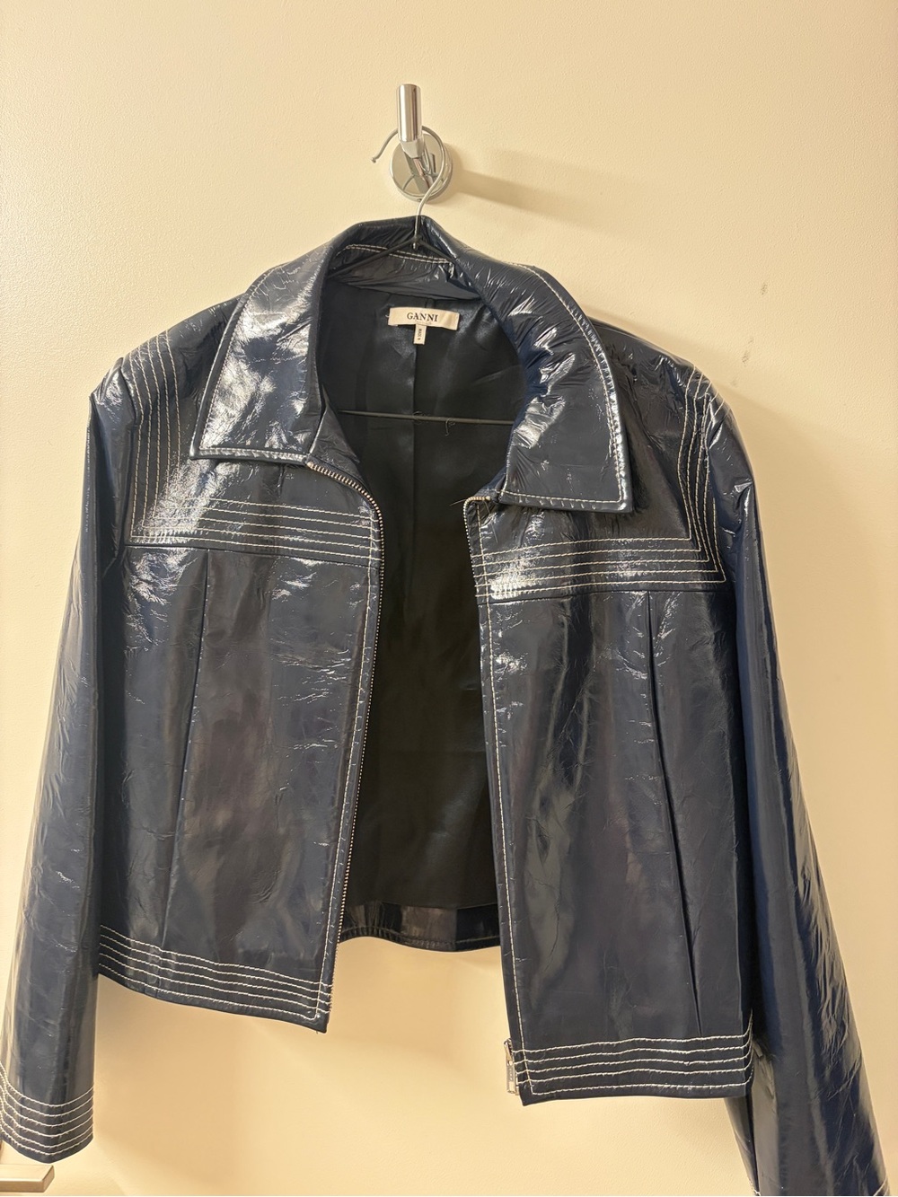 Ganni Navy Patent Zip Jacket with Contrast Topstitching